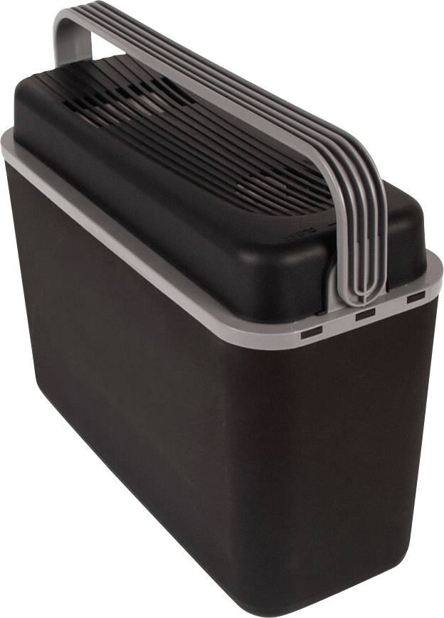 Schwarze isolierte Kühlbox mit grauem Tragegriff, auf weißem Hintergrund dargestellt.