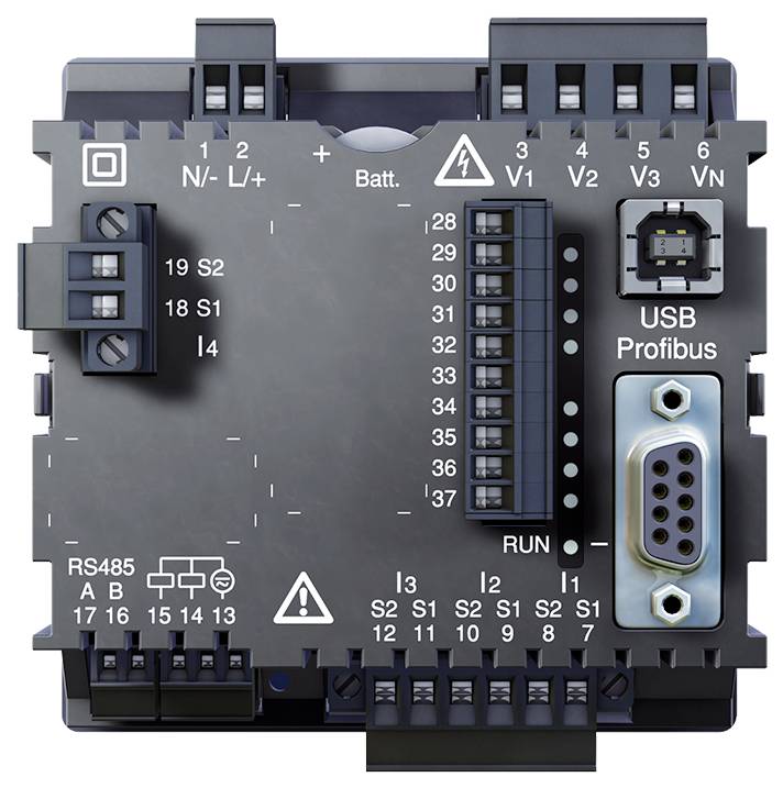 Nahaufnahme eines industriellen Steuermoduls mit gekennzeichneten Verdrahtungsklemmen, USB-Profibus-Anschluss, RS485-Stecker und Statusanzeigen.