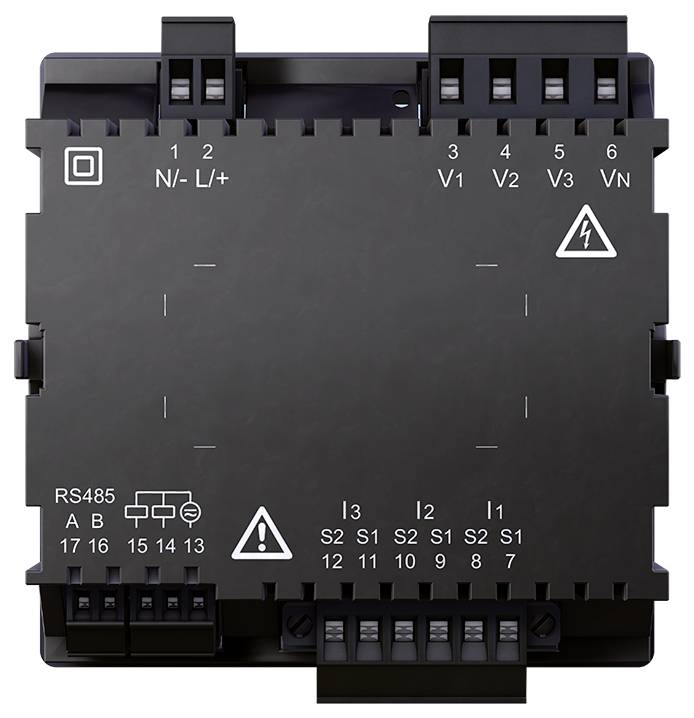Schwarzes Elektrizitätszähler- oder Controllermodul mit beschrifteten Klemmleisten für Stromversorgung, Spannungs- und Stromeingänge sowie RS485-Kommunikation