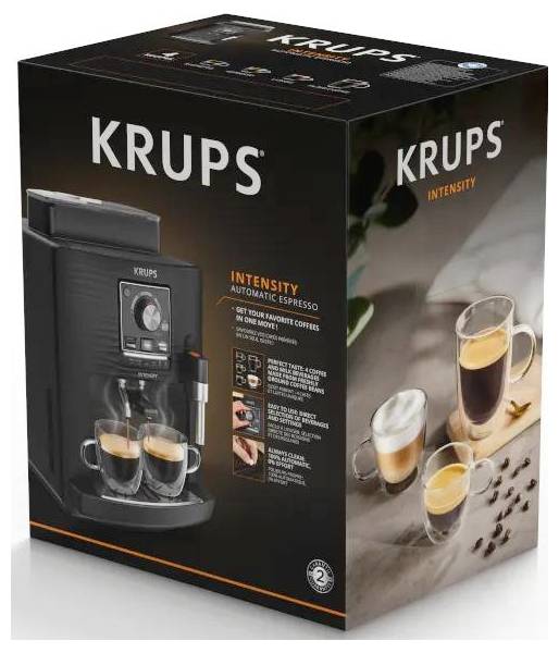 Verpackung für eine KRUPS Intensity automatische Espressomaschine auf einer schwarzen Schachtel, auf der die Kaffeemaschine Espresso in zwei Tassen dispensiert und das Produktbranding zeigt.