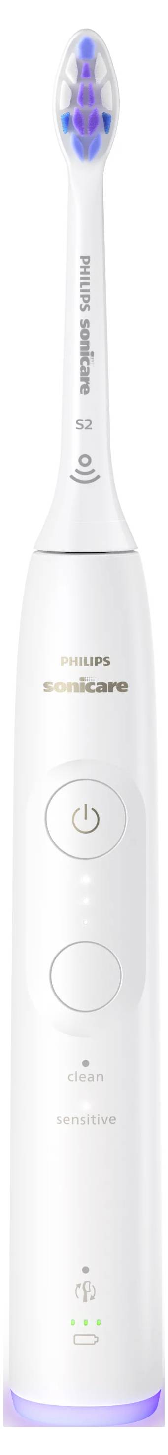 Philips Sonicare elektrische Zahnbürste aufrecht stehend, mit sichtbarem Einschaltknopf und Akkuanzeigeleuchten am Griff.