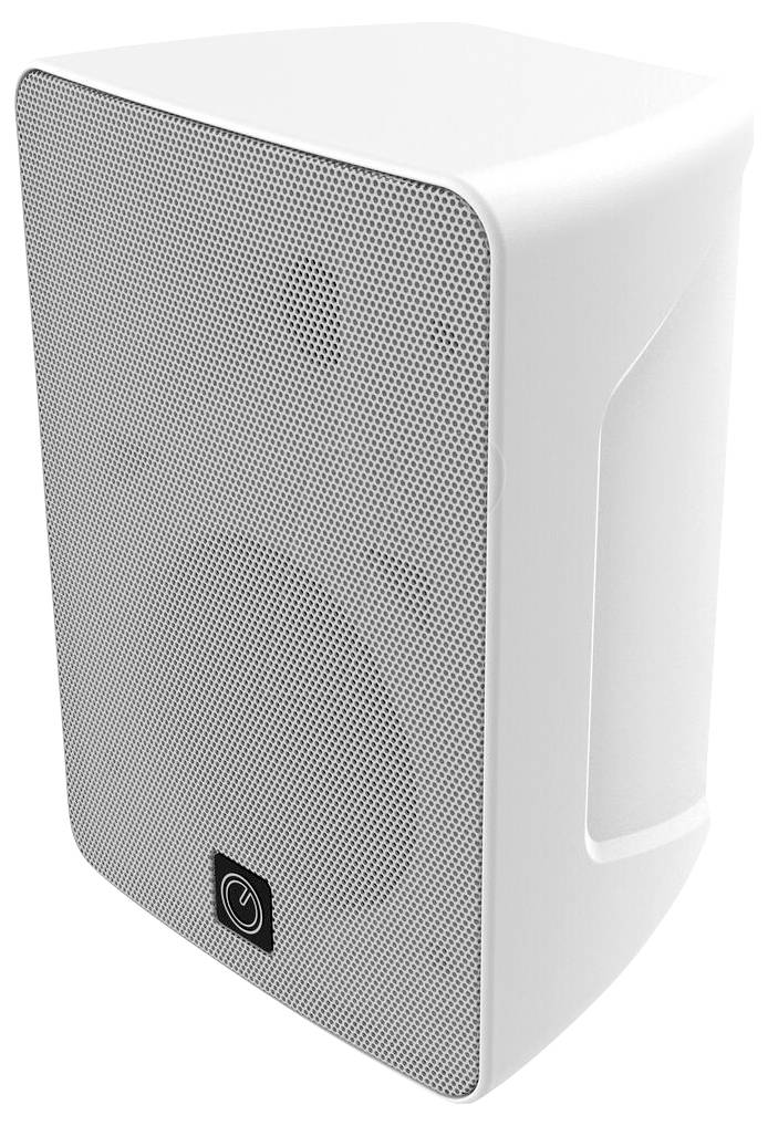 Weißer rechteckiger Lautsprecher oder Subwoofer mit perforiertem vorderen Gitter und Netzschalter an der unteren Vorderseite
