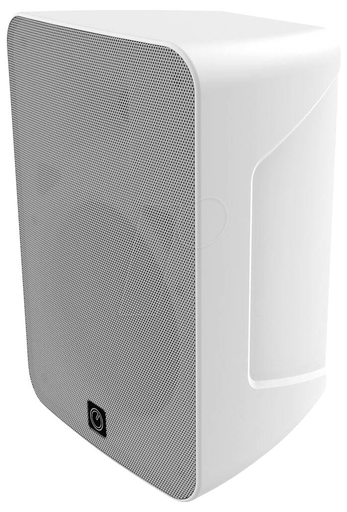 Weißer rechteckiger Lautsprecher/Subwoofer mit großem grauem perforiertem Frontgitter und kleinem Logo in der Nähe des unteren Bereichs, dargestellt in einer Studio-Produktansicht.