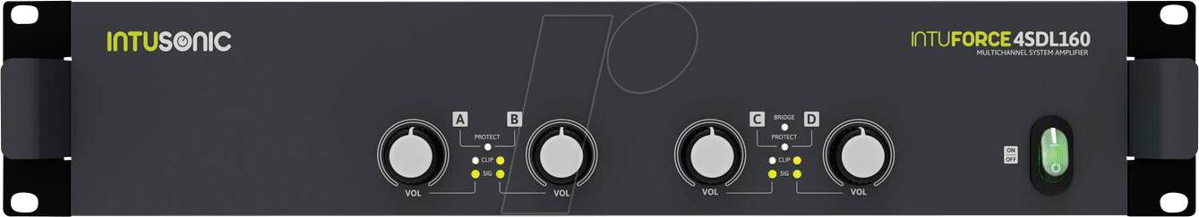 Frontplatte eines IntuFonic IntuForce 4SDL160 Audiogeräts mit vier Drehreglern, Status-LEDs und einem grünen Netzschalter auf der rechten Seite.