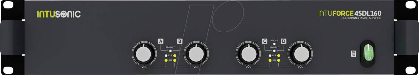 Frontplatte einer IntuSonic ITUFORCE 4SDL160 Audioeinheit mit vier Drehreglern, Anzeige-LEDs und einem grünen Ein-/Ausschalter.
