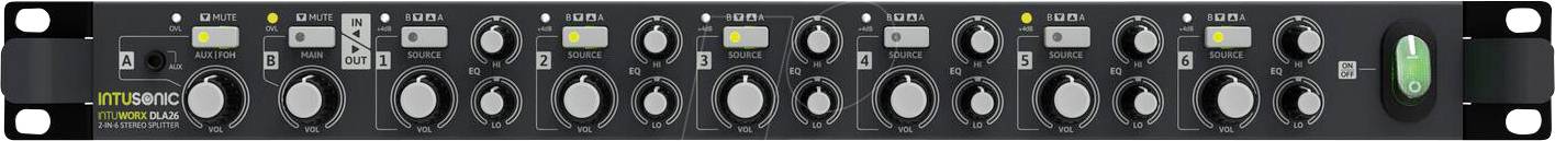 Eine schwarze Stereo-Audio-Kompressor-Rackeinheit mit vielen Reglern, beschrifteten Bedienelementen und einem grünen Netzschalter auf der rechten Seite.