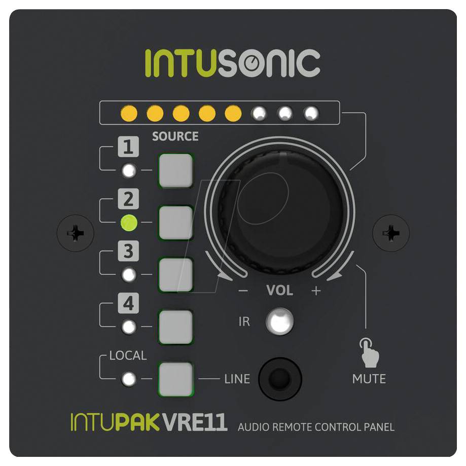 Schwarze Intusonic INTUPAK VRE11 Audio-Fernbedienungspanel mit Quelltasten 1-4, lokal, Lautstärkeregler, Stummschaltung und Status-LEDs.