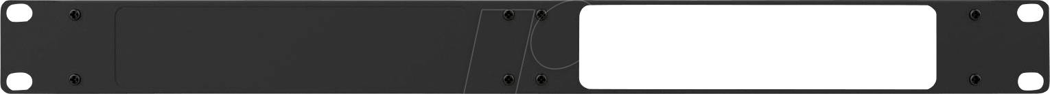 Schwarzes leeres 1U-Rack-Panel mit Montagelöchern und einem großen weißen Beschriftungsbereich auf der rechten Seite.