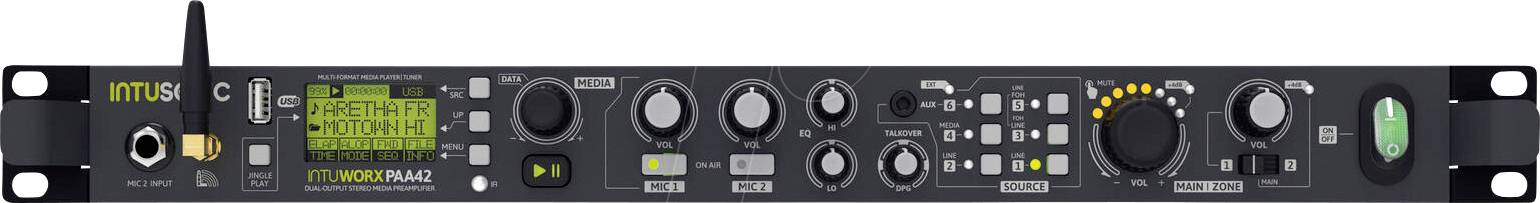 Frontplatte eines rackmontieren JOTUS-Audioprozessors mit mehreren Reglern, Tasten, LED-Indikatoren und einem Stromschalter.