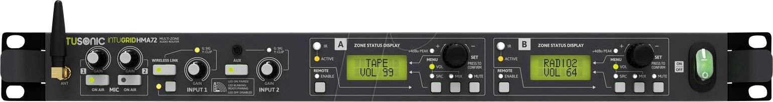 Rackmount-Audiogerät mit zwei digitalen Empfängeranzeigen und mehreren Drehreglern, Tasten und Statusleuchten auf einer schwarzen Frontplatte.