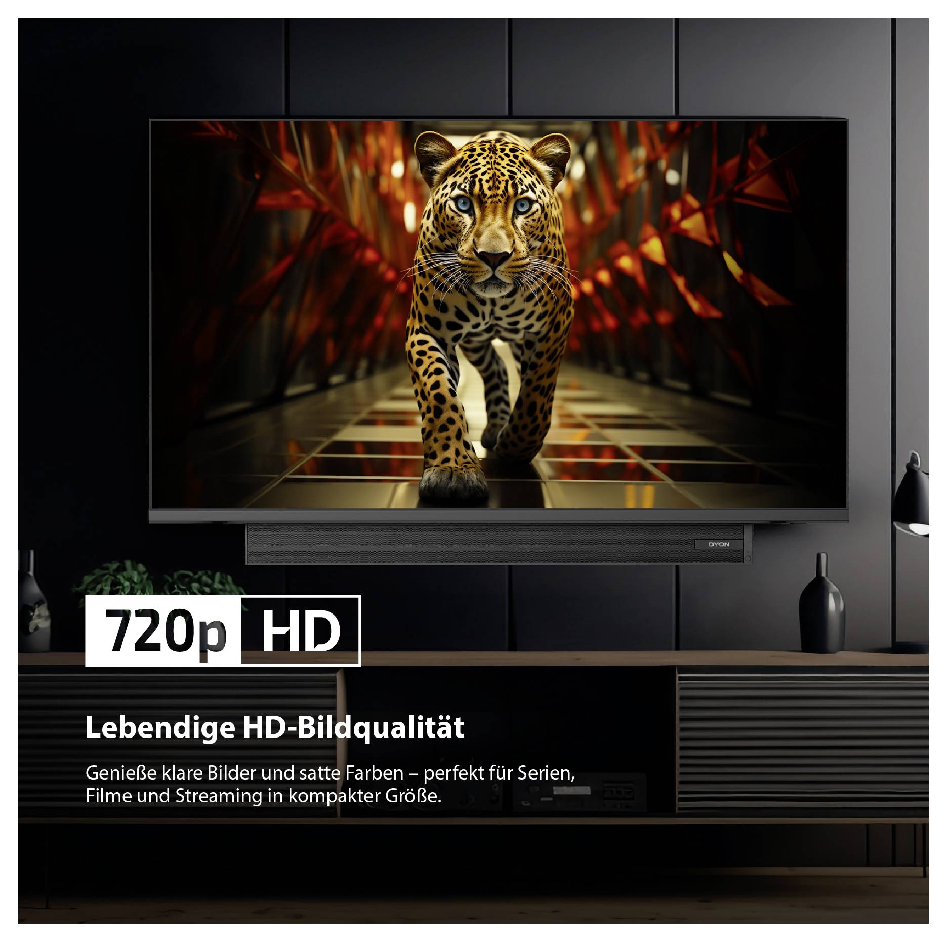 Werbung für einen 720p-HD-Fernseher mit Leopard im Bild; Text: 'Lebendige HD-Bildqualität' und Hinweis auf klare Bilder und satte Farben für Streaming.