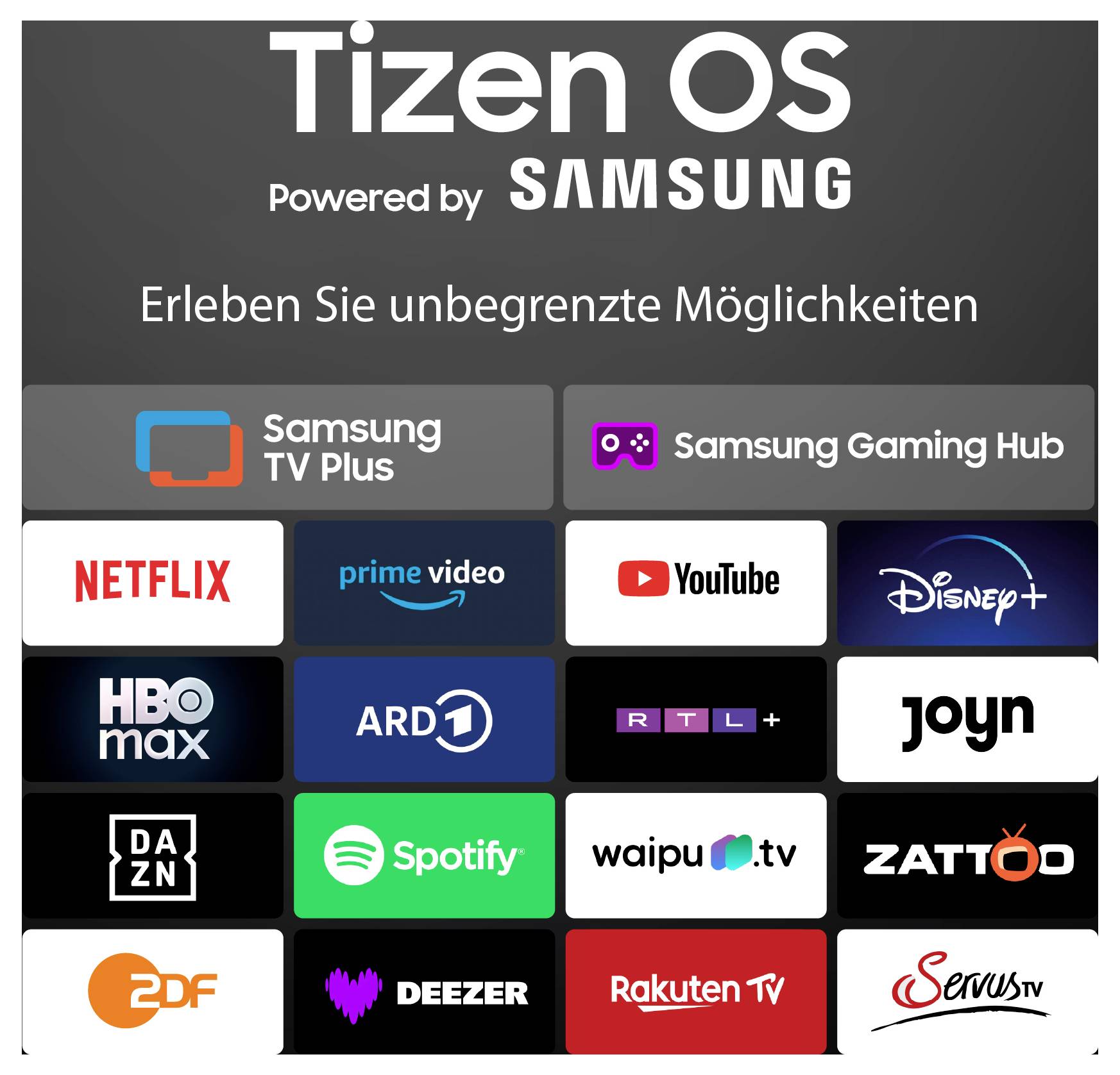 Werbeübersicht für Tizen OS von Samsung mit dem Text 'Erleben Sie unbegrenzte Möglichkeiten' und Kacheln für TV- und Streaming-Apps wie Netflix, Prime Video, YouTube, Disney+, Spotify und ZDF.