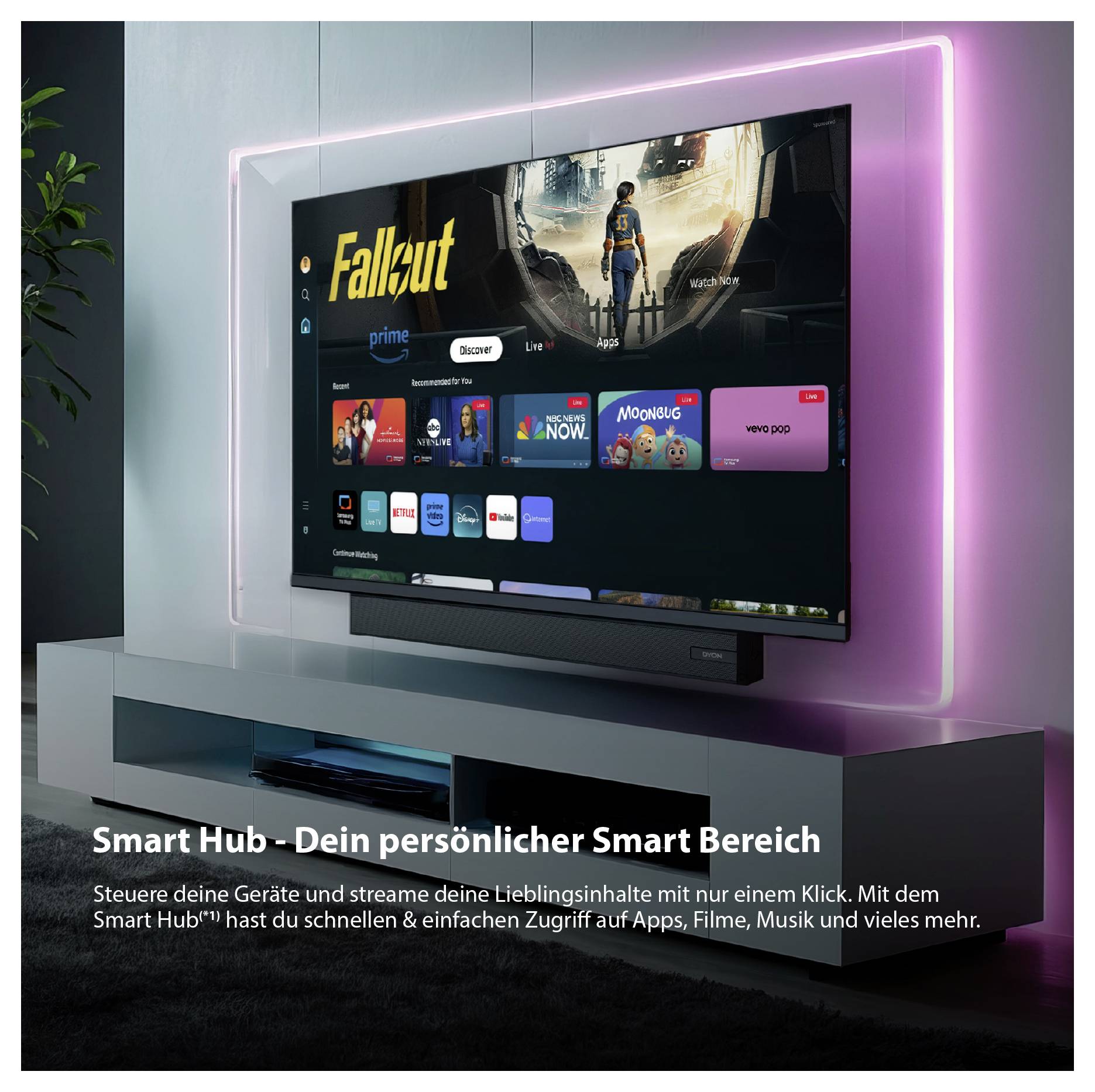 Werbung für einen Smart-TV mit Smart Hub: Fernseher zeigt Streaming-Oberfläche; Text: 'Smart Hub - Dein persönlicher Smart Bereich' und Hinweis auf schnellen Zugriff auf Apps, Filme und Musik.