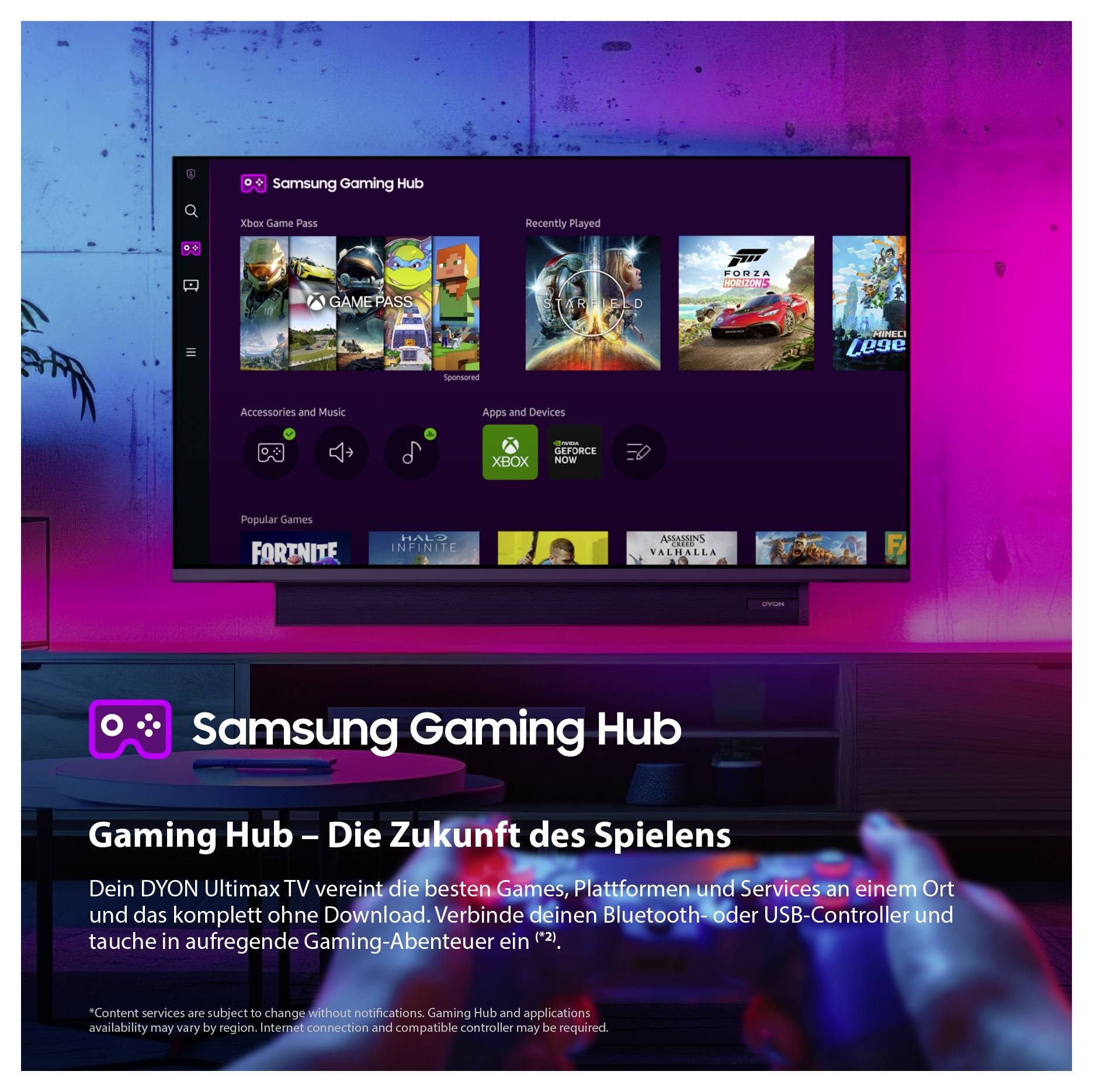 Werbebild für Samsung Gaming Hub auf einem TV: Spieloberfläche mit Spielekacheln und Slogan 'Gaming Hub – Die Zukunft des Spielens' sowie Hinweis auf Spiele ohne Download.