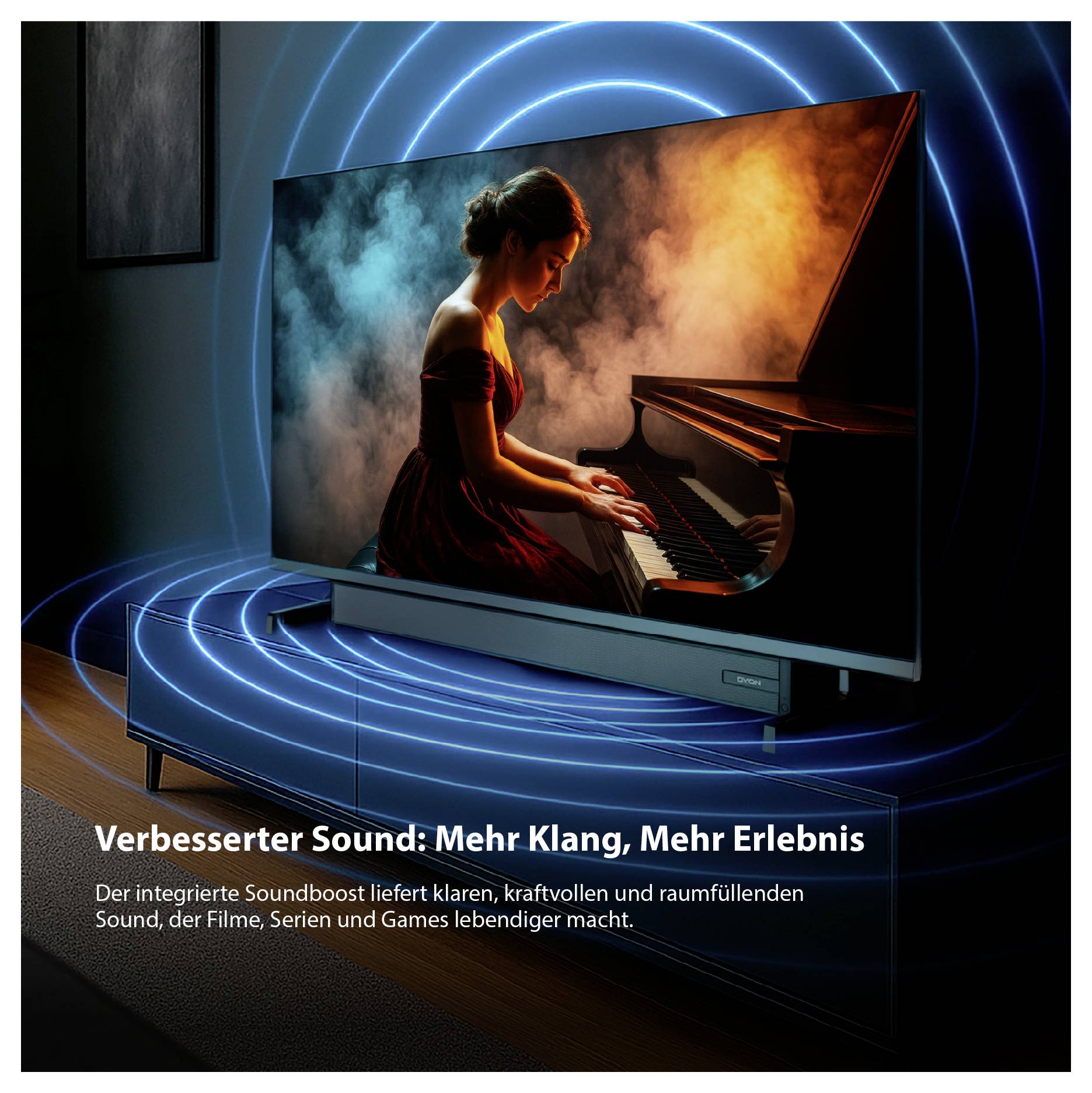 Werbung für verbesserten Sound: Ein Fernseher mit blauem Licht zeigt eine Pianistin; Text wirbt mit 'Mehr Klang, Mehr Erlebnis' und integriertem Soundboost.