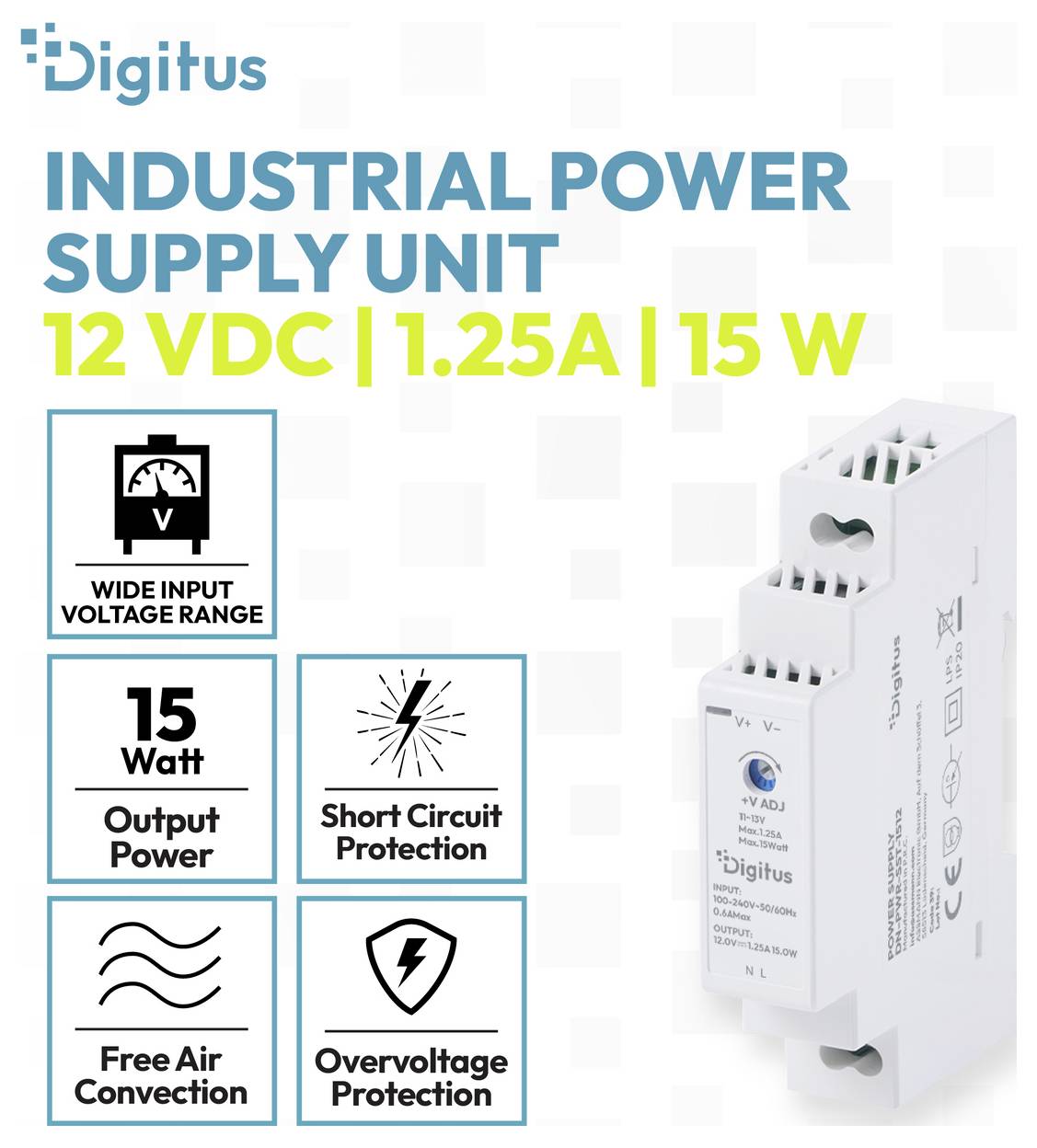 Digitus Industrie-Stromversorgungseinheit mit Kennzeichnung 12 VDC, 1,25A, 15 W, mit Symbolen für breiten Eingangsspannungsbereich, Kurzschluss, Überspannung und freie Luftzirkulation.