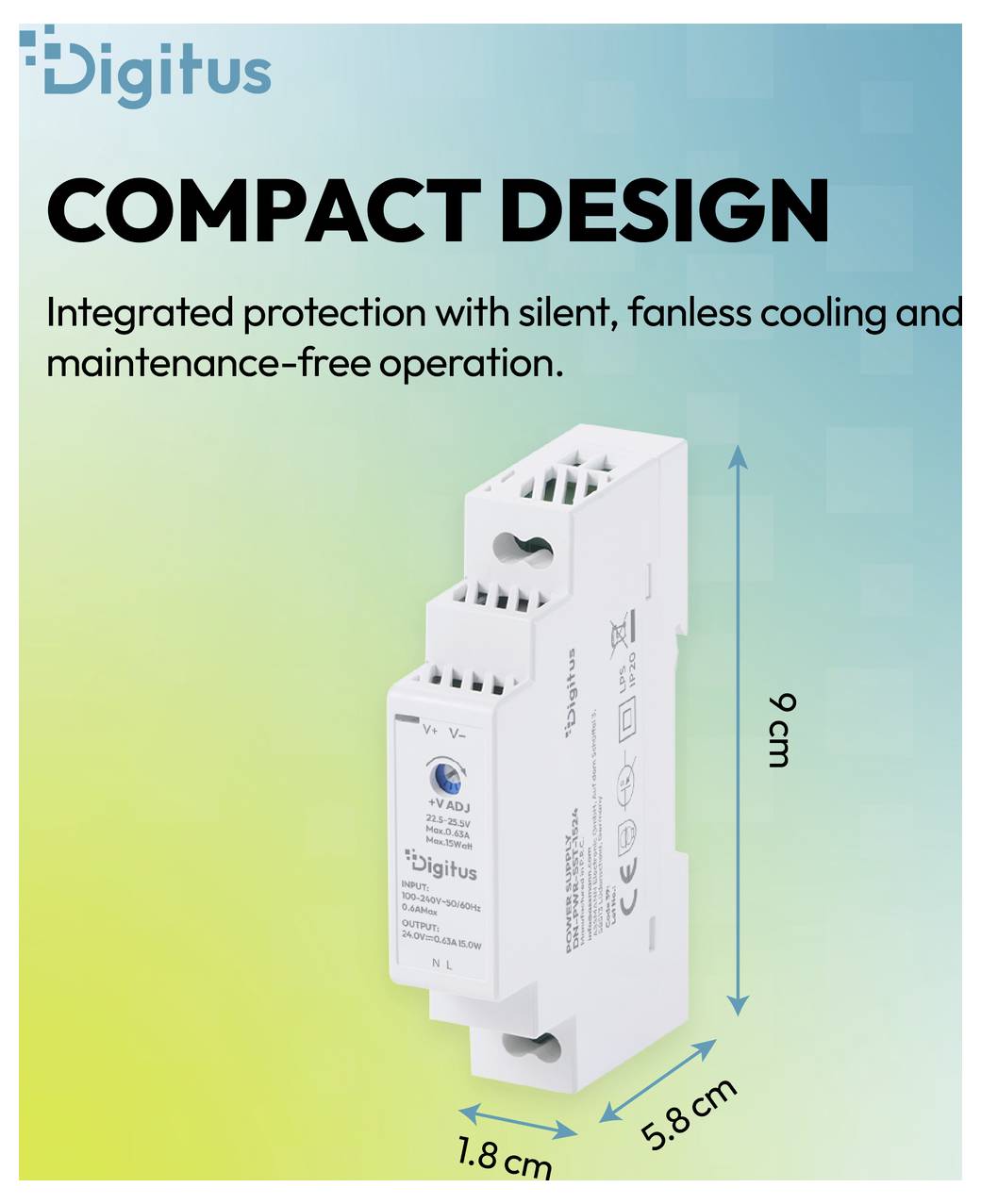 Digitus Produktanzeige mit einem kompakten Design eines elektrischen Geräts mit leiser, lüfterloser Kühlung; Abmessungen gekennzeichnet mit 9 cm Höhe, 5,8 cm Tiefe und 1,8 cm Breite.