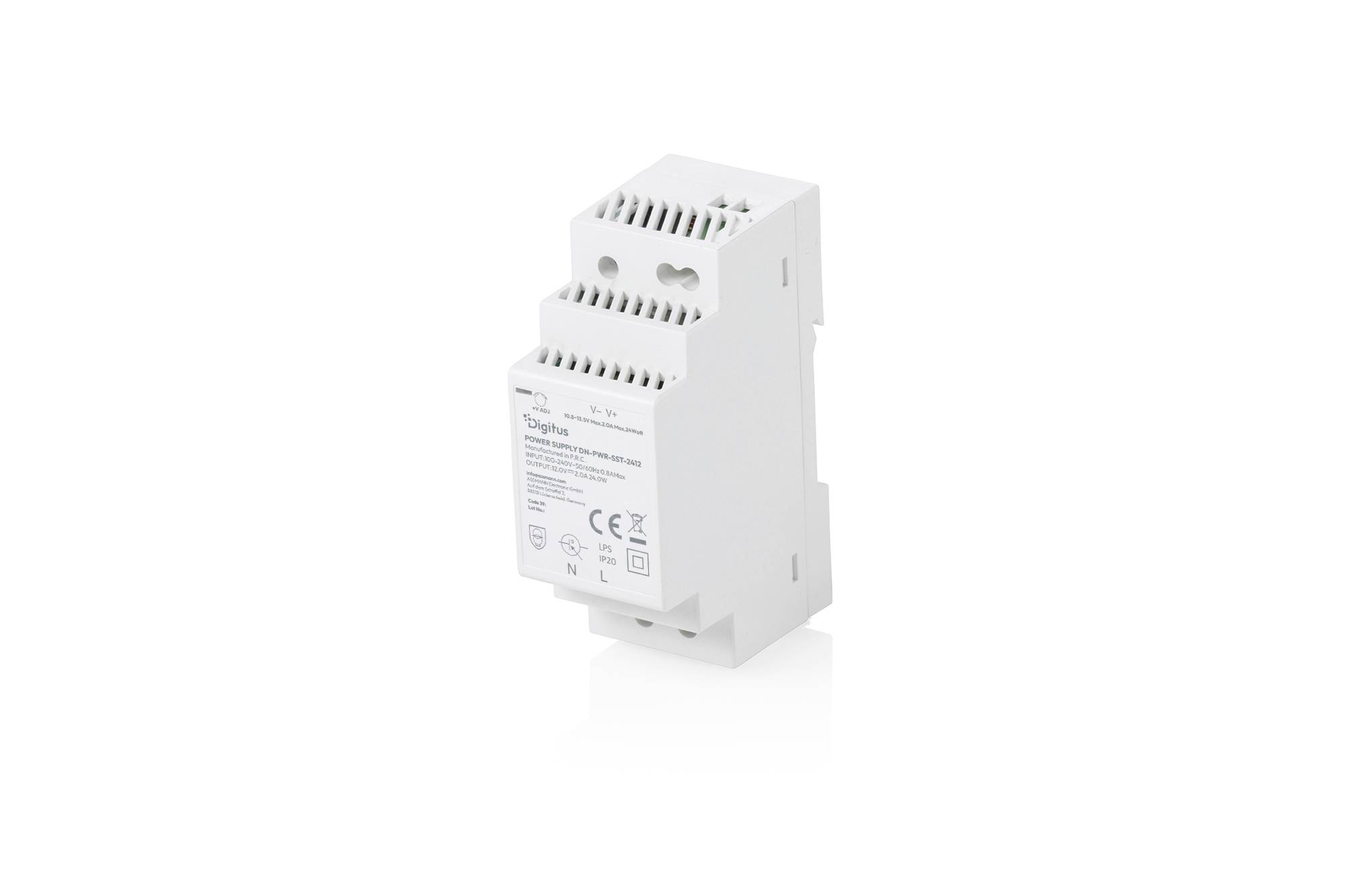 Weißes DIN-Schienen-Elektrosteuermodul mit Anschlussanschlüssen und Beschriftung, gezeigt auf einem schlichten weißen Hintergrund.