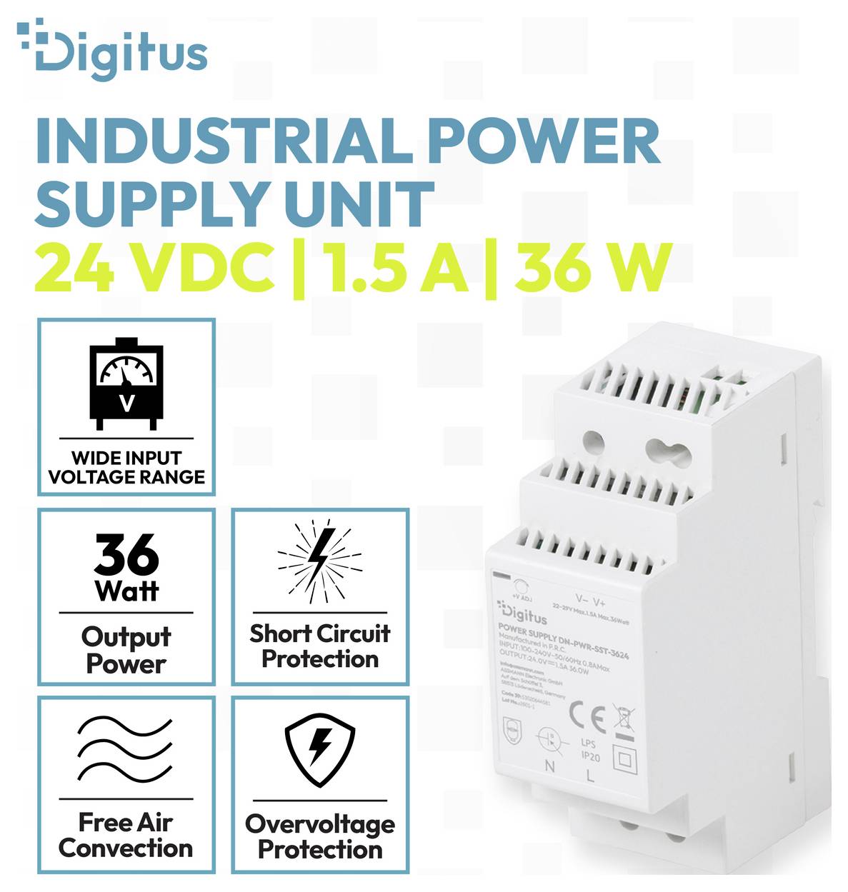 Digitus Industrie-Stromversorgungseinheit, 24 VDC 1,5 A 36 W, mit Symbolen für breiten Eingangsspannungsbereich, Kurzschlussschutz, freie Luftkonvektion und Überspannungsschutz.