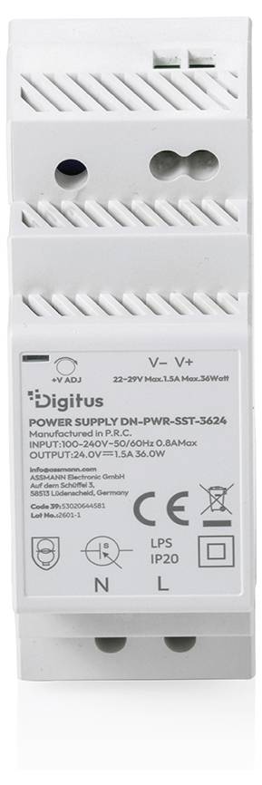Weiße DIN-Schienen-Stromversorgungseinheit mit der Bezeichnung „Digital Power Supply