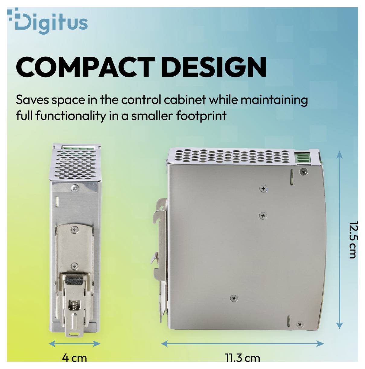 Digitus kompaktes Design-Produktgrafik zeigt ein Schaltschrankmodul: 11,3 cm breit, 12,5 cm hoch und 4 cm tief, mit platzsparender Vollständigkeit aller Funktionen.