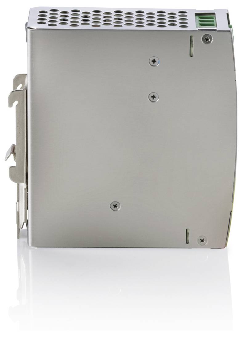 Metallisches elektronisches Stromversorgungsgerät mit Lüftungslöchern und Montagebügel, isoliert auf weißem Hintergrund dargestellt.