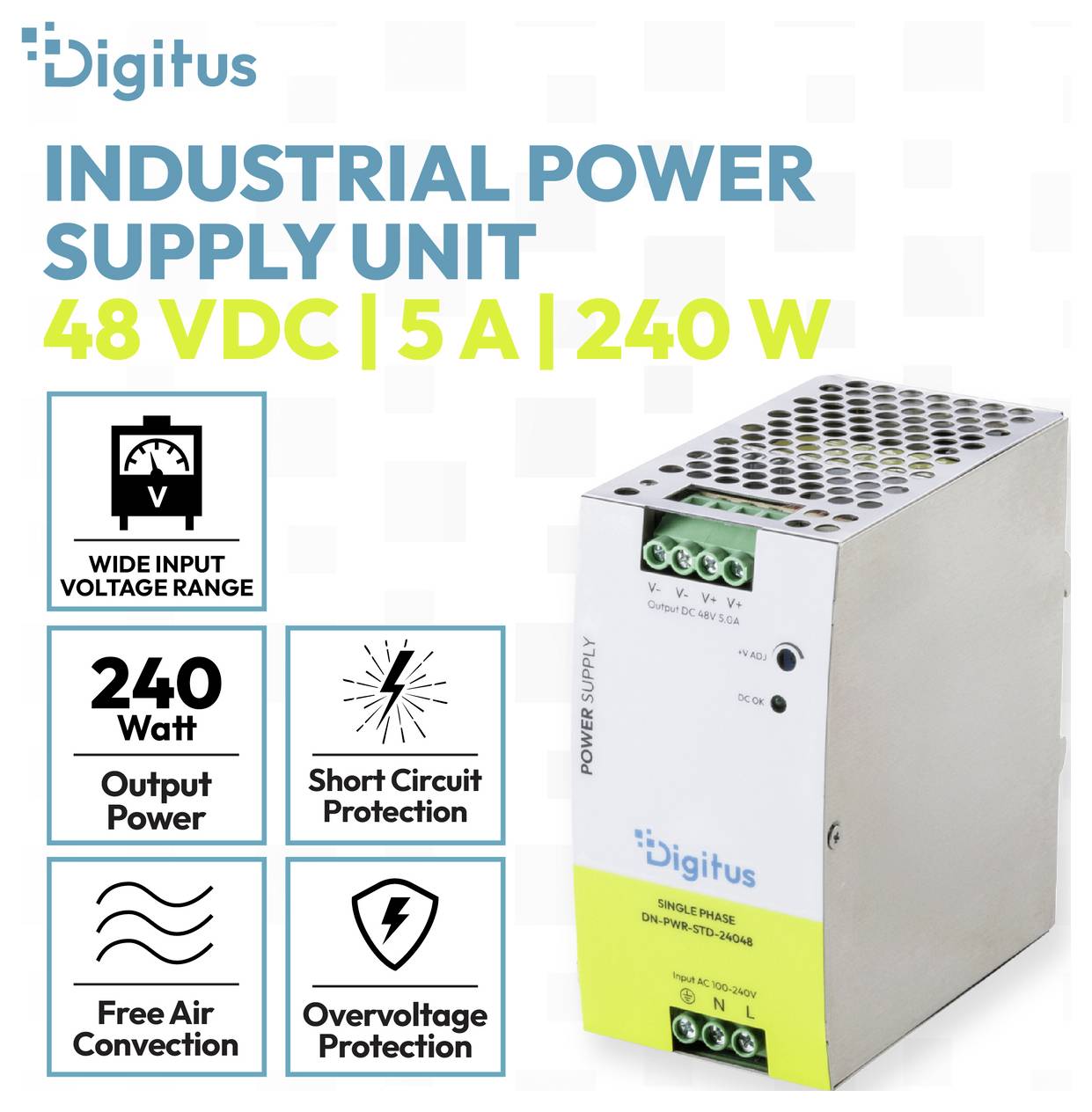 Produktabbildung eines Digitus-Industrie-Netzteilgeräts, gekennzeichnet mit „48 VDC | 5 A | 240 W", mit Symbolen für breiten Eingangsspannungsbereich, Kurzschlussschutz, Überspannungsschutz und freie Luftkonvektion.