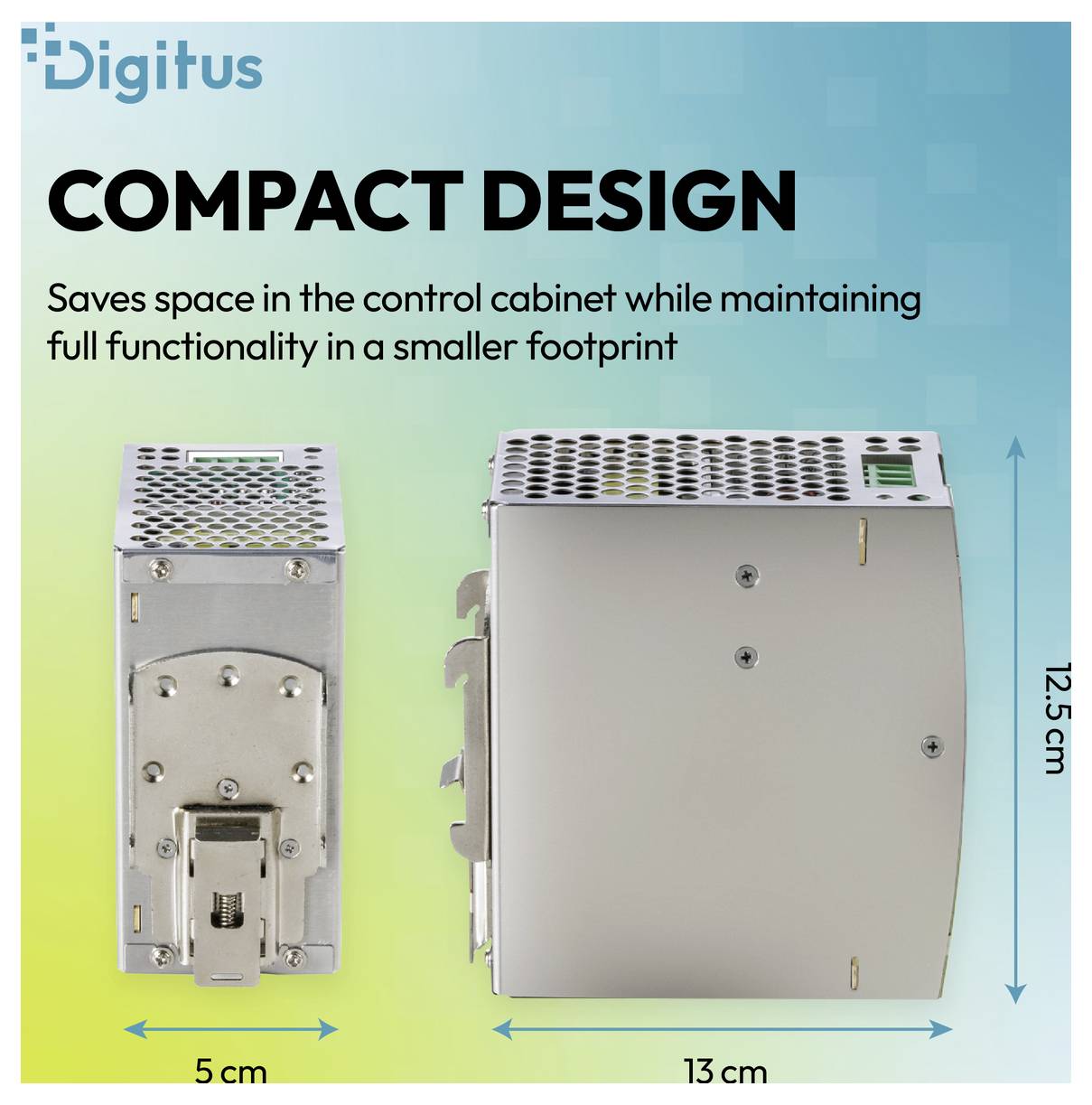 Produktbild mit einer Komponente eines „KOMPAKTEN DESIGN"-Schaltschranks, die eine 5 cm breite kleinere Einheit mit einer 13 cm breiten größeren Einheit und 12,5 cm Höhe vergleicht und die Platzsparvorfunktionalität hervorhebt.