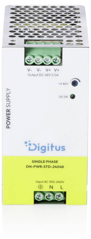 Vorderansicht eines Digitus-Einphasen-Stromversorgungsgeräts mit der Bezeichnung 'DN-PWR-STD-24048' mit AC-Eingang und 48V 5,0A Ausgangsklemmen sowie Status-LEDs.
