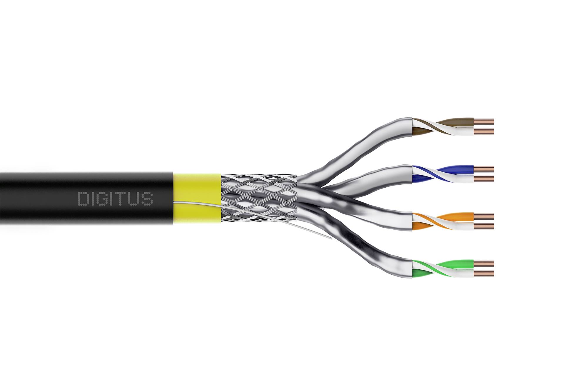 Querschnitt eines DIGITUS Ethernet-Kabels mit vier farbcodierten verdrillten Adernpaaren im Kabelmantel.