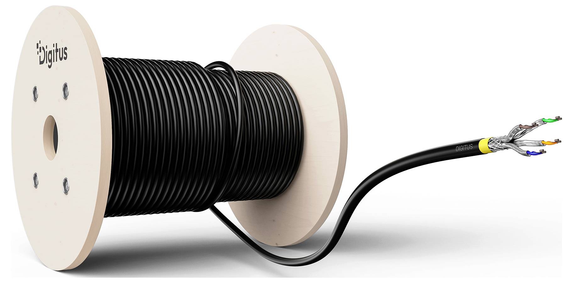 Spule mit schwarzem Kabel mit freiliegenden mehrfarbigen Innenleitern und „Digitus