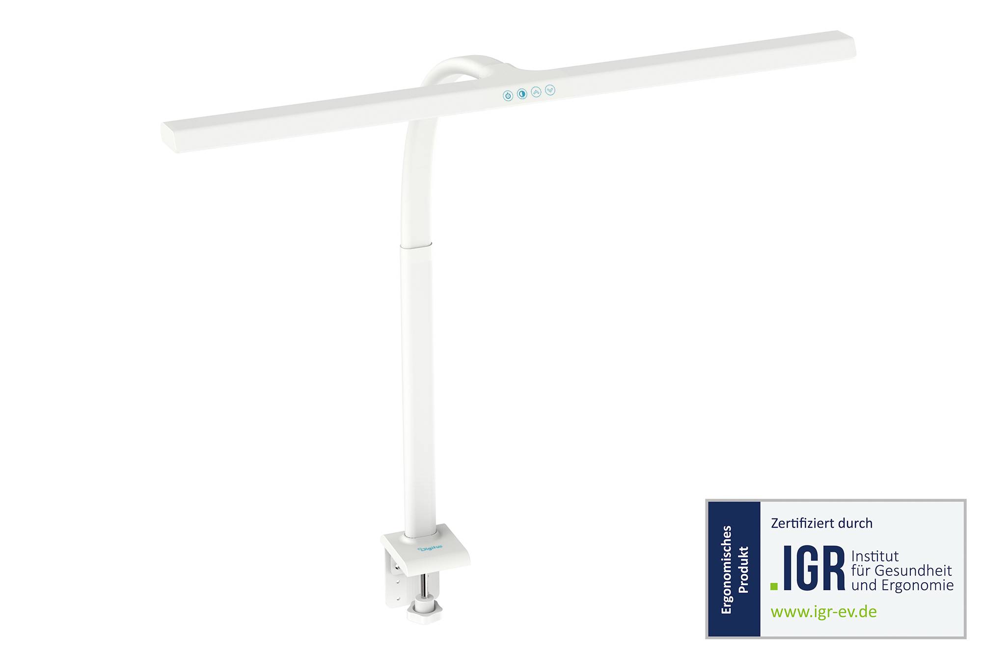 Weiße LED-Schreibtischleuchte mit langem horizontalem Leuchtbalken und verstellbarem Ständer, gezeigt mit deutschem Ergonomie-Zertifizierungslabel von IGR.