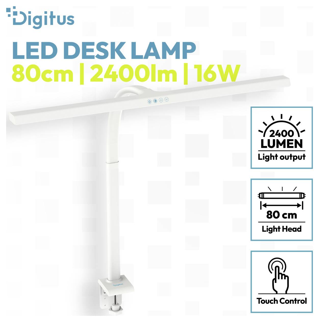 Produktabbildung einer Digitus LED-Schreibtischleuchte, weiß, mit 80 cm Leuchtkopf, 2400 Lumen, 16W und Touchsteuerung.