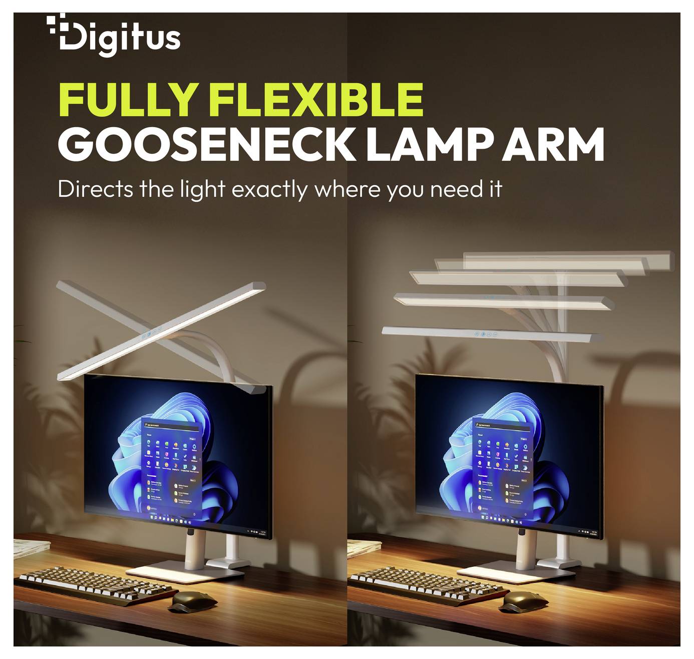 Digitus 'Vollständig flexibler Schwanenhals-Lampenarm' - Produktanzeige zeigt einen Schreibtischmonitor und Lampenarm, der Licht über einen Arbeitsplatz richtet.