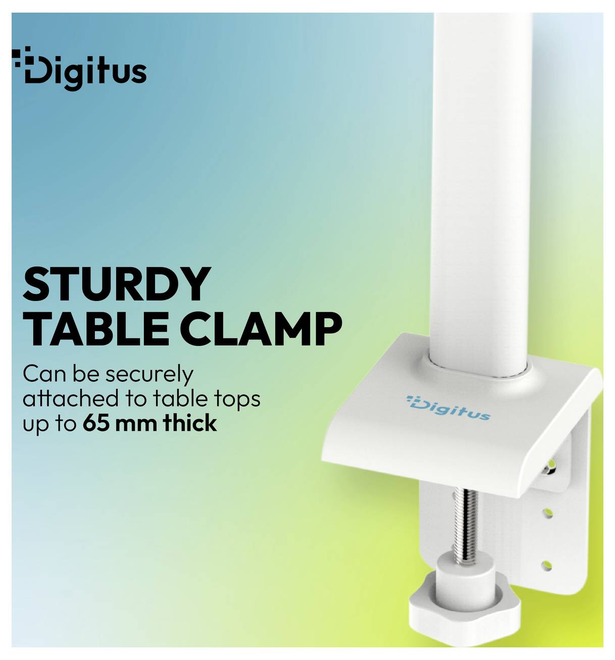 Produktanzeige mit einer robusten Digitus-Tischklemme, die an einer Tischplatte befestigt ist, mit Text, der angibt, dass sie sicher an Oberseiten bis zu 65 mm Dicke befestigt werden kann.