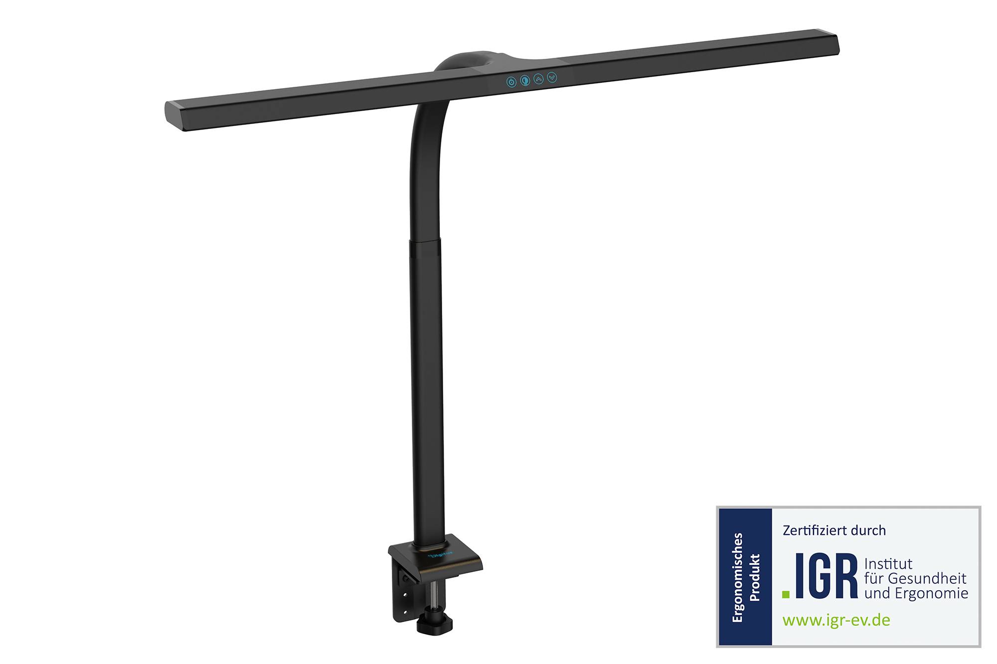 Schwarze einstellbare Monitor-Leuchtenleiste mit Klemmhalterung und Touchbedienungen, gezeigt mit IGR-Ergonomie-Zertifizierungsetikett.