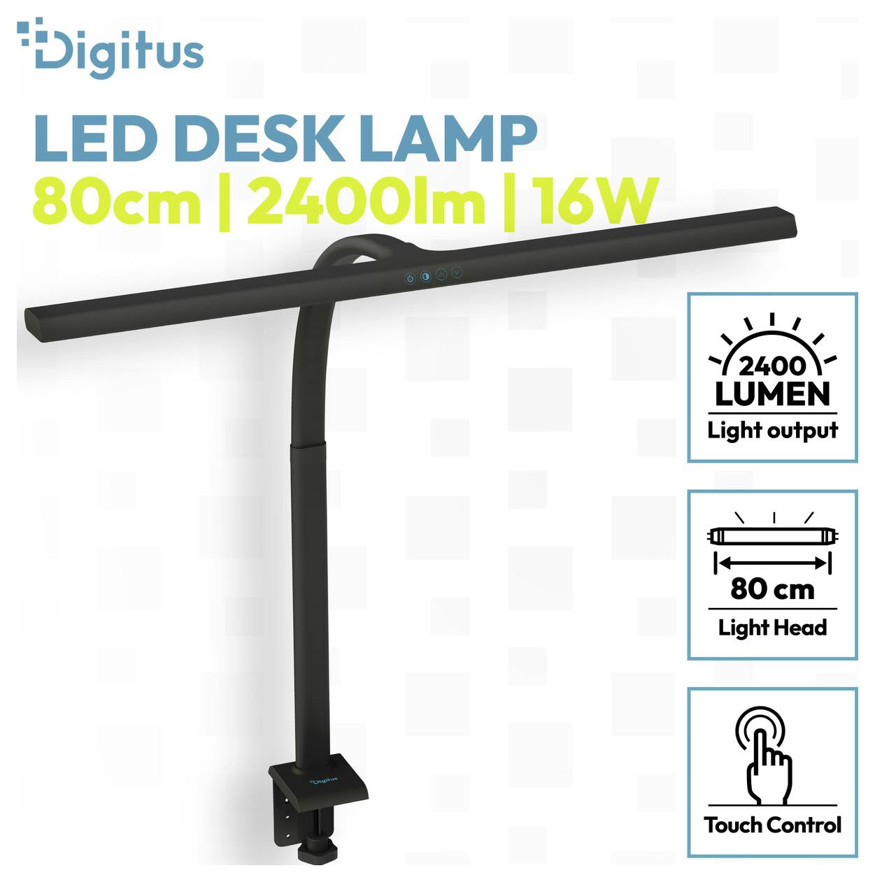 Digitus LED-Schreibtischleuchte mit 80 cm Leuchtenkopf, 2400 Lumen Leuchtkraft, 16W Leistung und Touchsteuerung auf der Produktverpackung dargestellt.