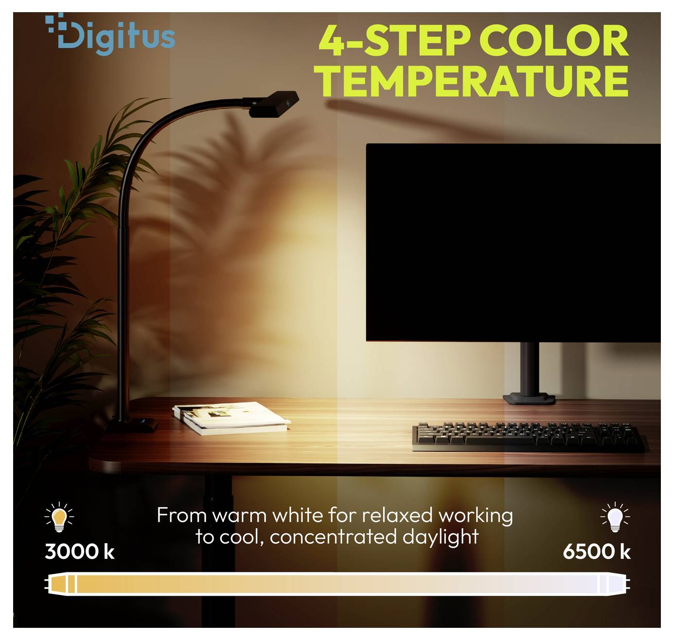 Infografik einer Schreibtischlampe und eines Monitors mit 4-stufiger Farbtemperatur, von warmweiß für entspanntes Arbeiten bis zu kühlem Tageslicht, 3000 K bis 6500 K.