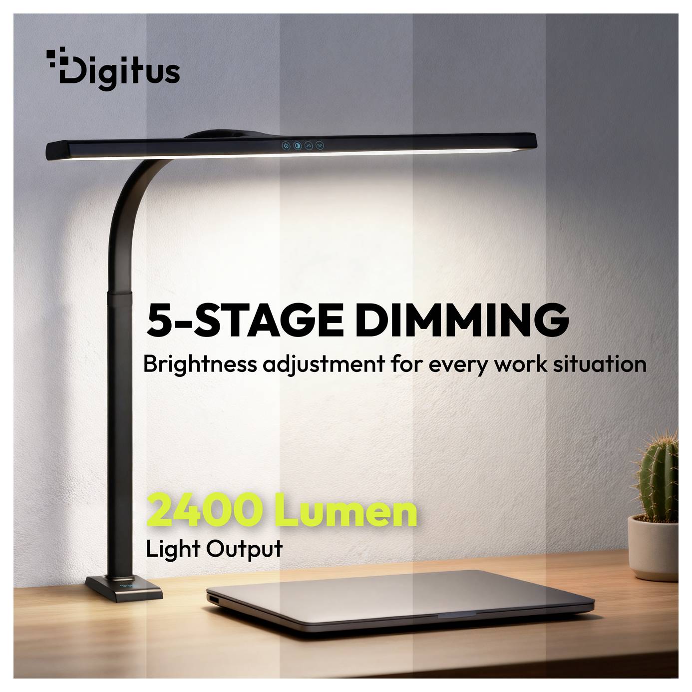 Schwarze Schreibtischleuchte mit 5-stufiger Dimmfunktion und 2400 Lumen, die einen Schreibtisch mit Laptop beleuchtet.