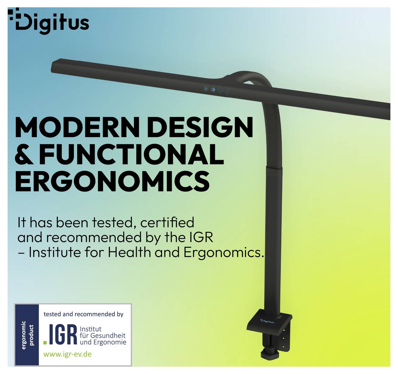 Digitus Monitor-Leuchtleiste auf Ständer, mit Text „Modernes Design & funktionale Ergonomie