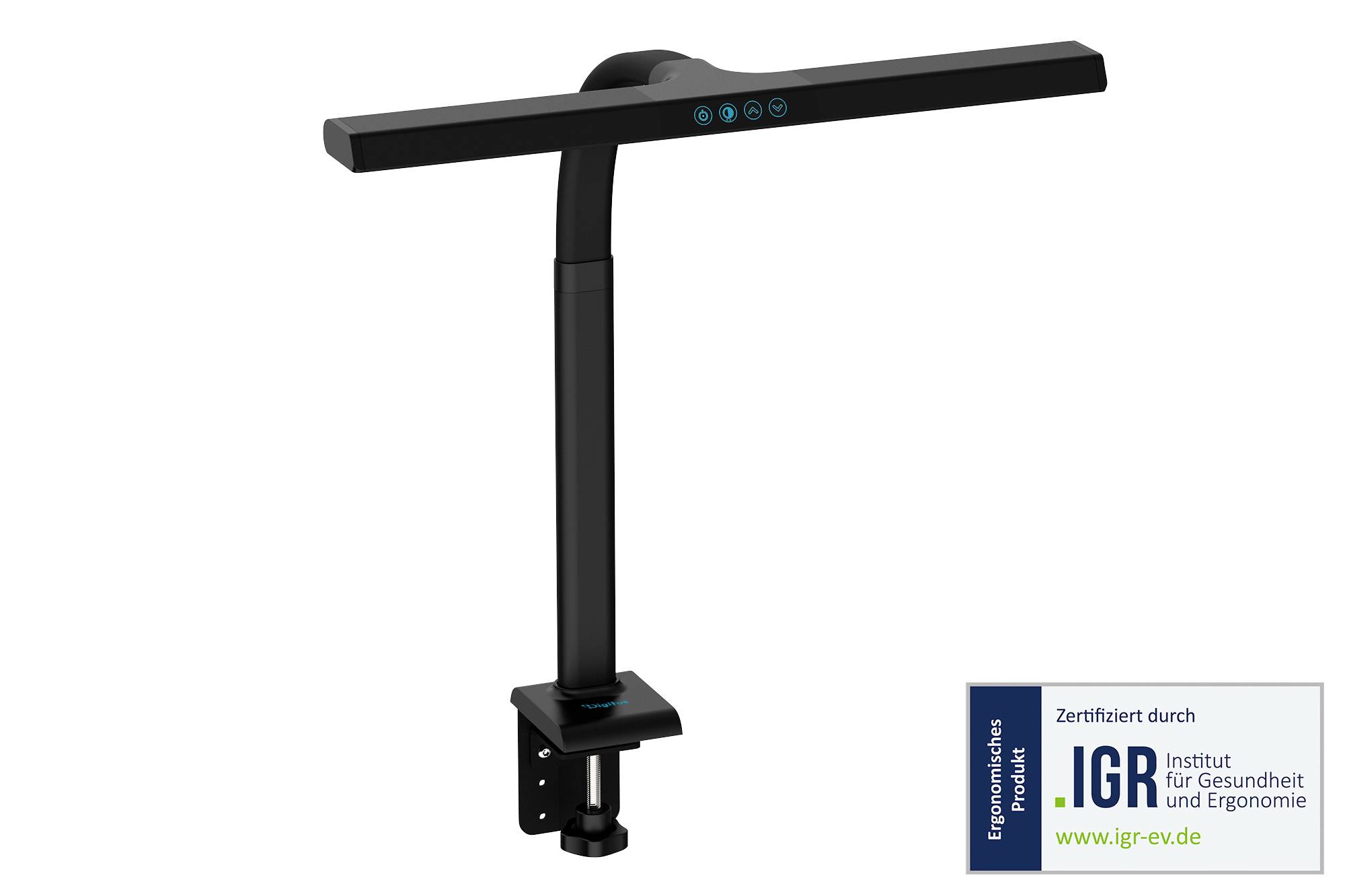Schwarze verstellbare LED-Schreibtischleuchte mit T-förmiger Leuchtstoffleiste und Klemmhalterung; Zertifizierungsetikett vom IGR Institut für Gesundheit und Ergonomie.