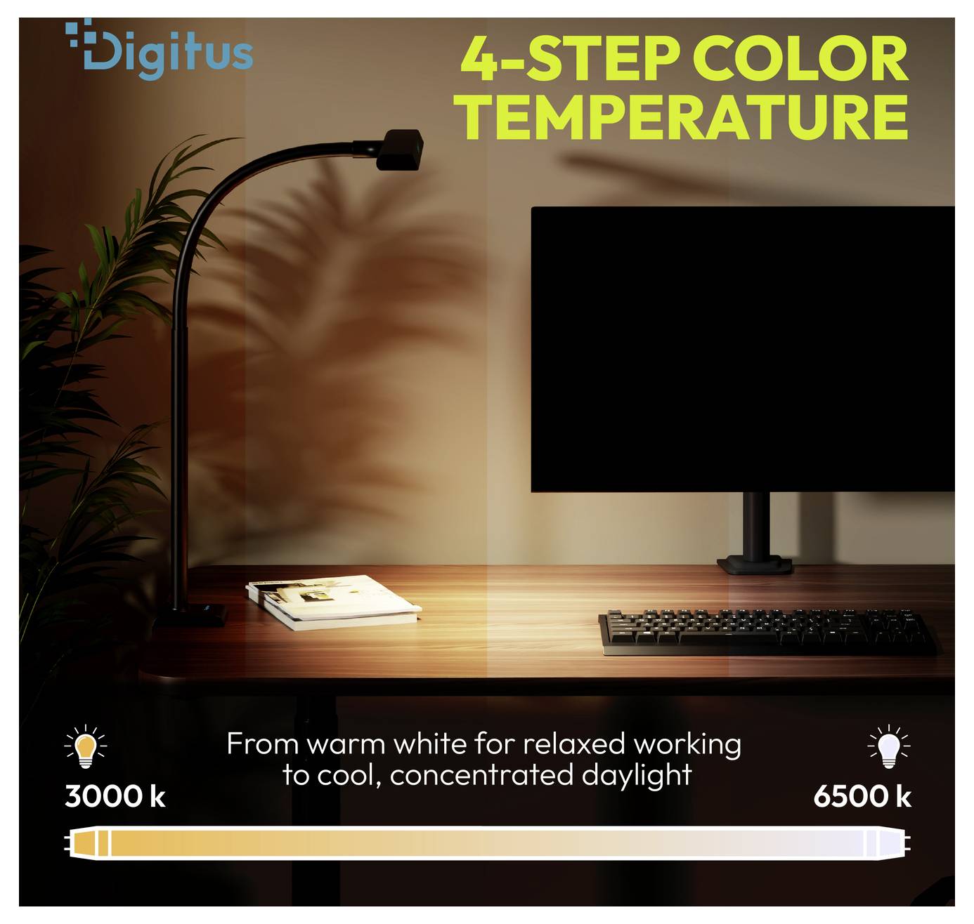 Plakat mit einer Schreibtischlampe und einem Monitor sowie dem Text „4-STUFEN-FARBTEMPERATUR