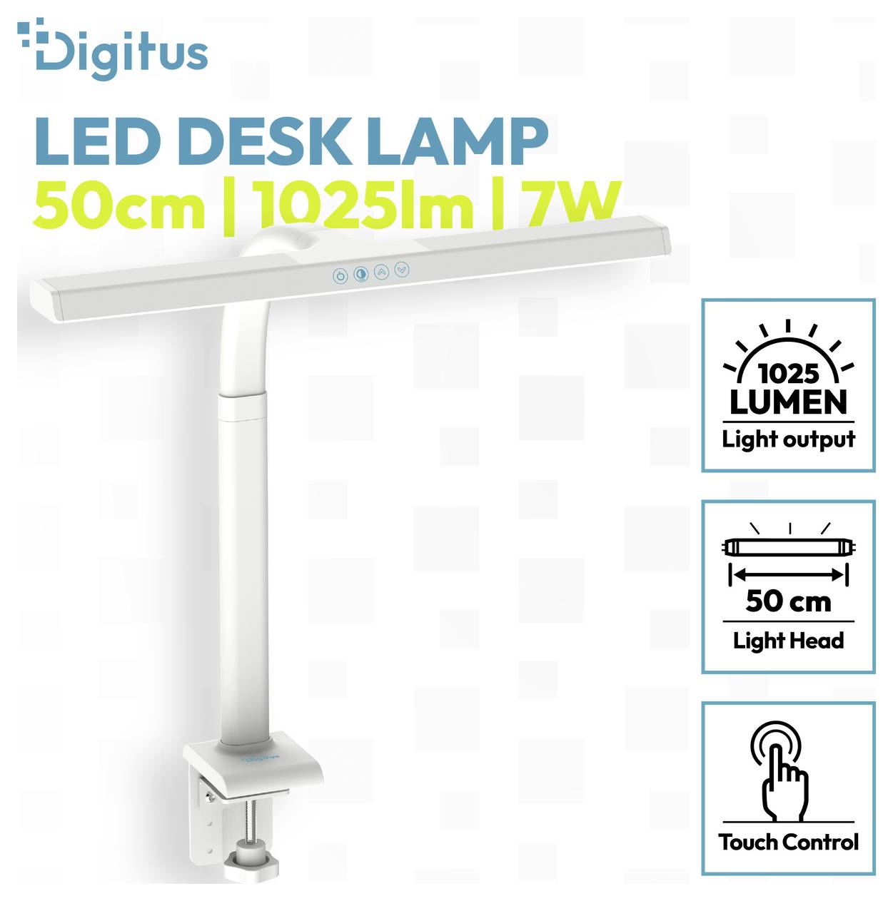 Digitus LED-Schreibtischleuchte mit Klemmhalterung, 50 cm Leuchtenkopf, 1025 Lumen Lichtstrom, 7W Leistung und Touchsteuerung.