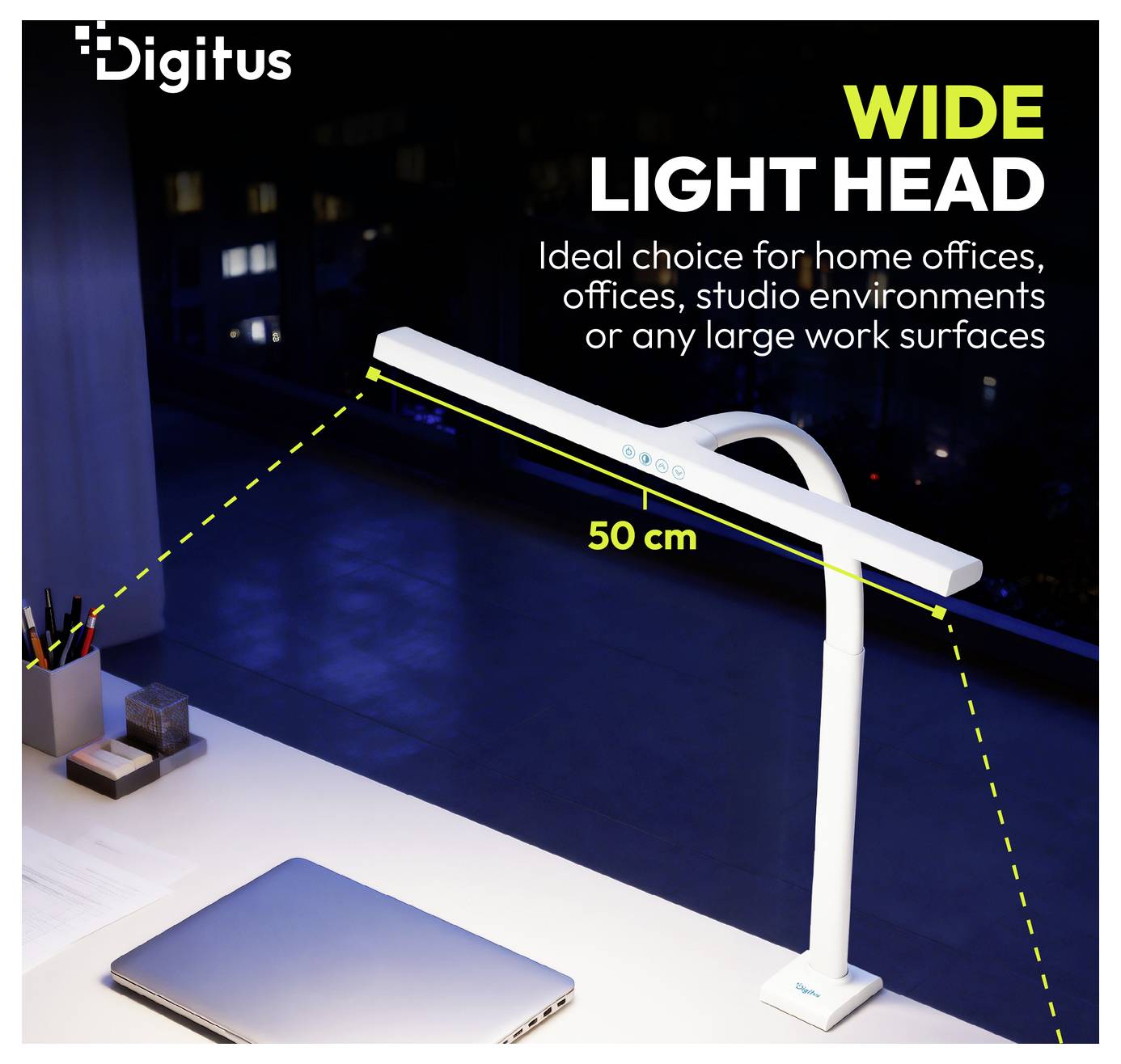 Digitus breiter Schreibtischleuchte mit Lichtkopf, 50 cm breit, für Homeoffices, Studios und große Arbeitsflächen.