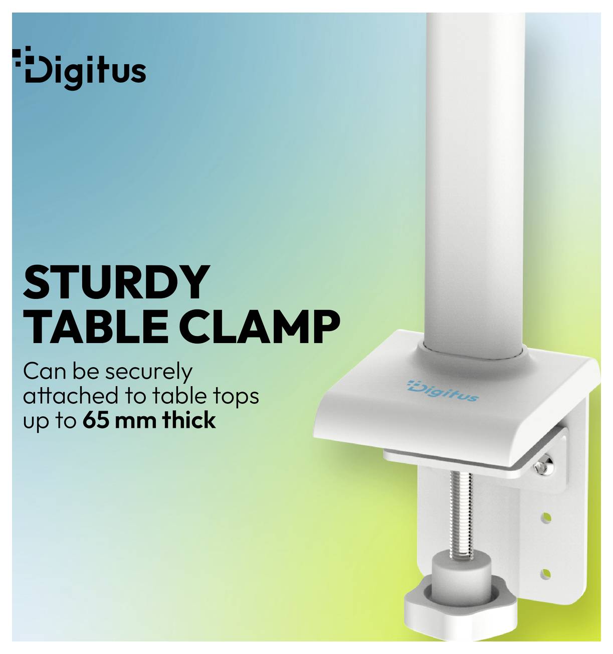 Produktanzeige für 'STURDY TABLE CLAMP' von Digitus; die Klammer befestigt sich sicher an Tischplatten bis zu 65 mm Dicke.
