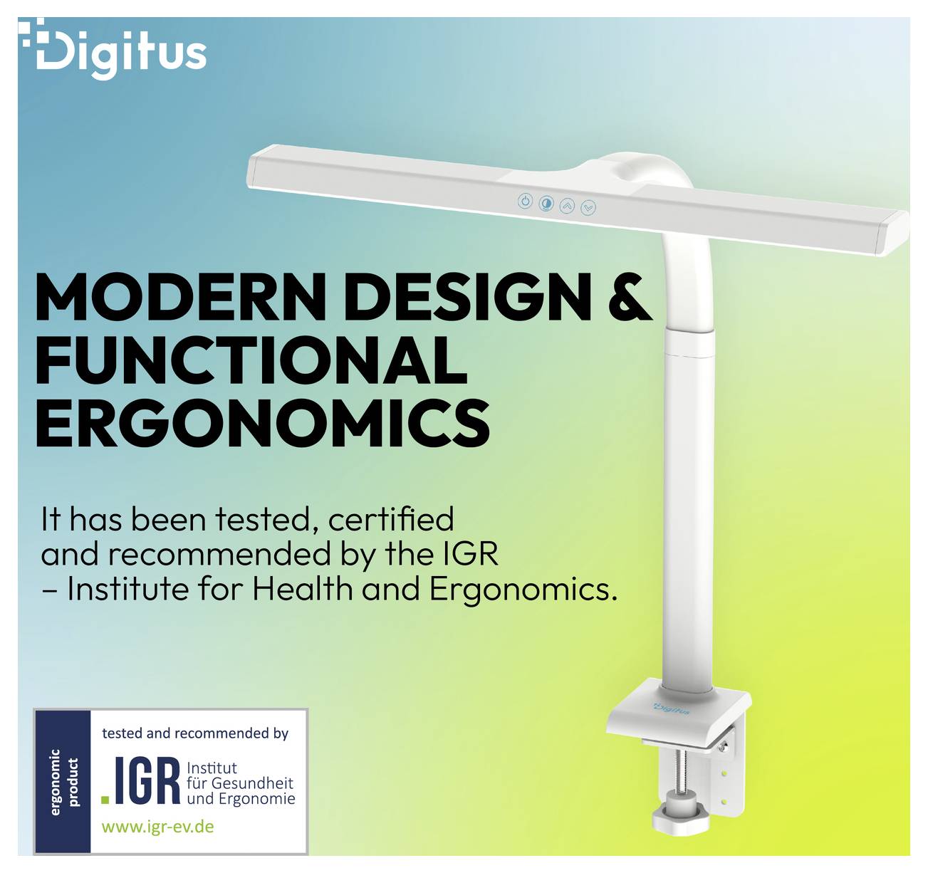 Digitus ergonomischer Monitorarm mit Text „Modernes Design & funktionale Ergonomie