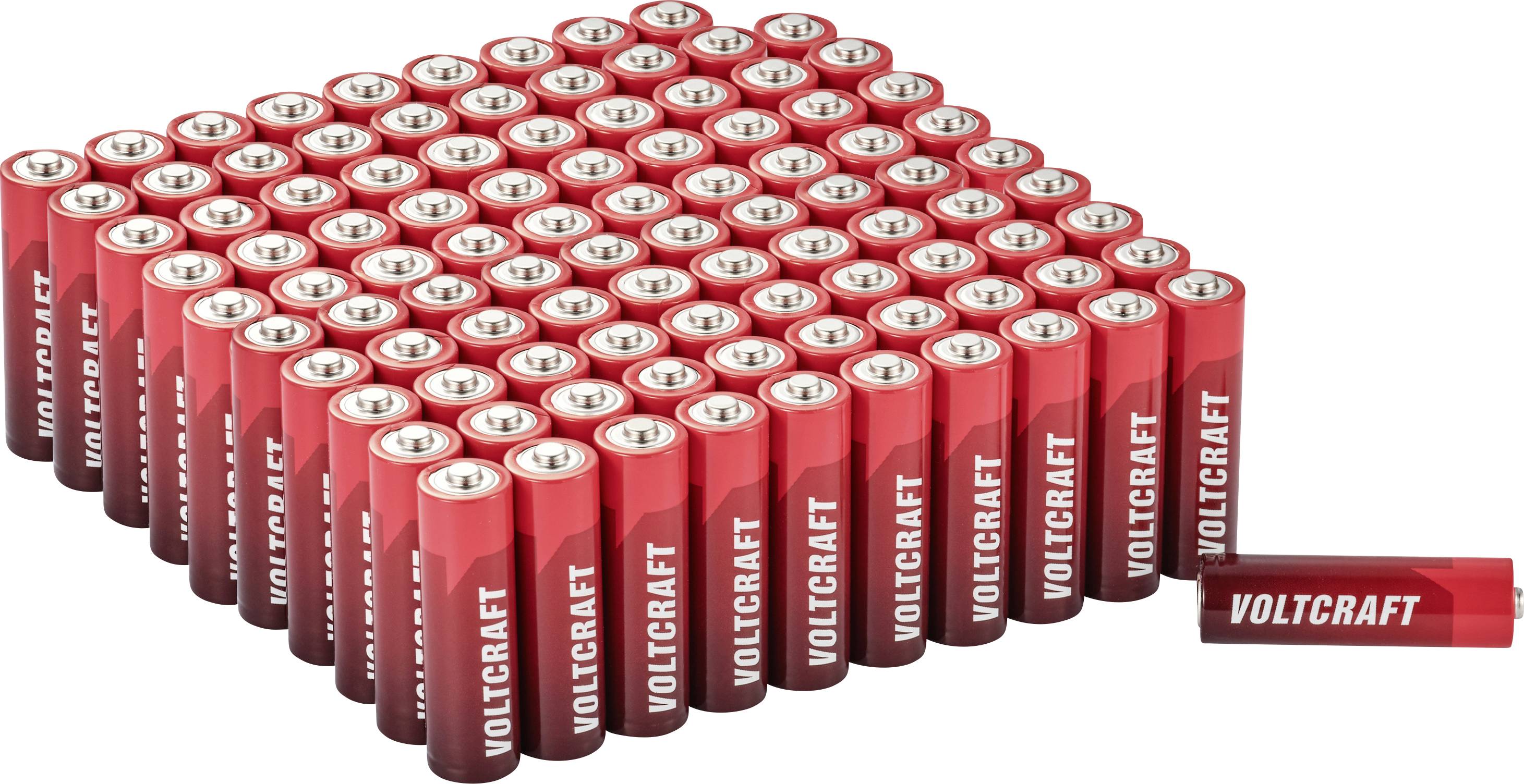 Reihen von roten VULTCRAFT-Batterien, die in einem großen rechteckigen Paket angeordnet sind, mit einer separat liegenden Batterie auf der rechten Seite.