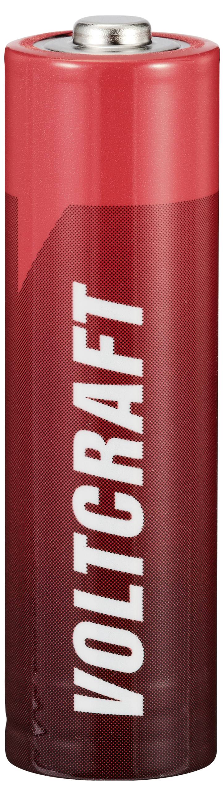 Eine einzelne rote VoltCraft AA-Batterie, aufrecht gegen einen weißen Hintergrund dargestellt.