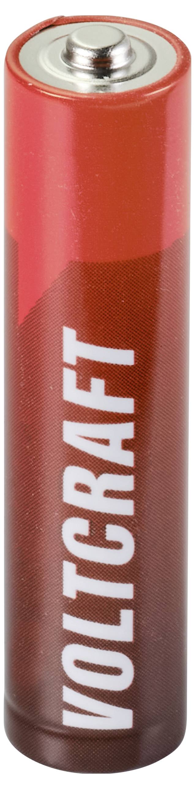 Rote Voltcraft-AA-Batterie aufrecht dargestellt mit positivem Pol oben und Markenname vertikal gedruckt.