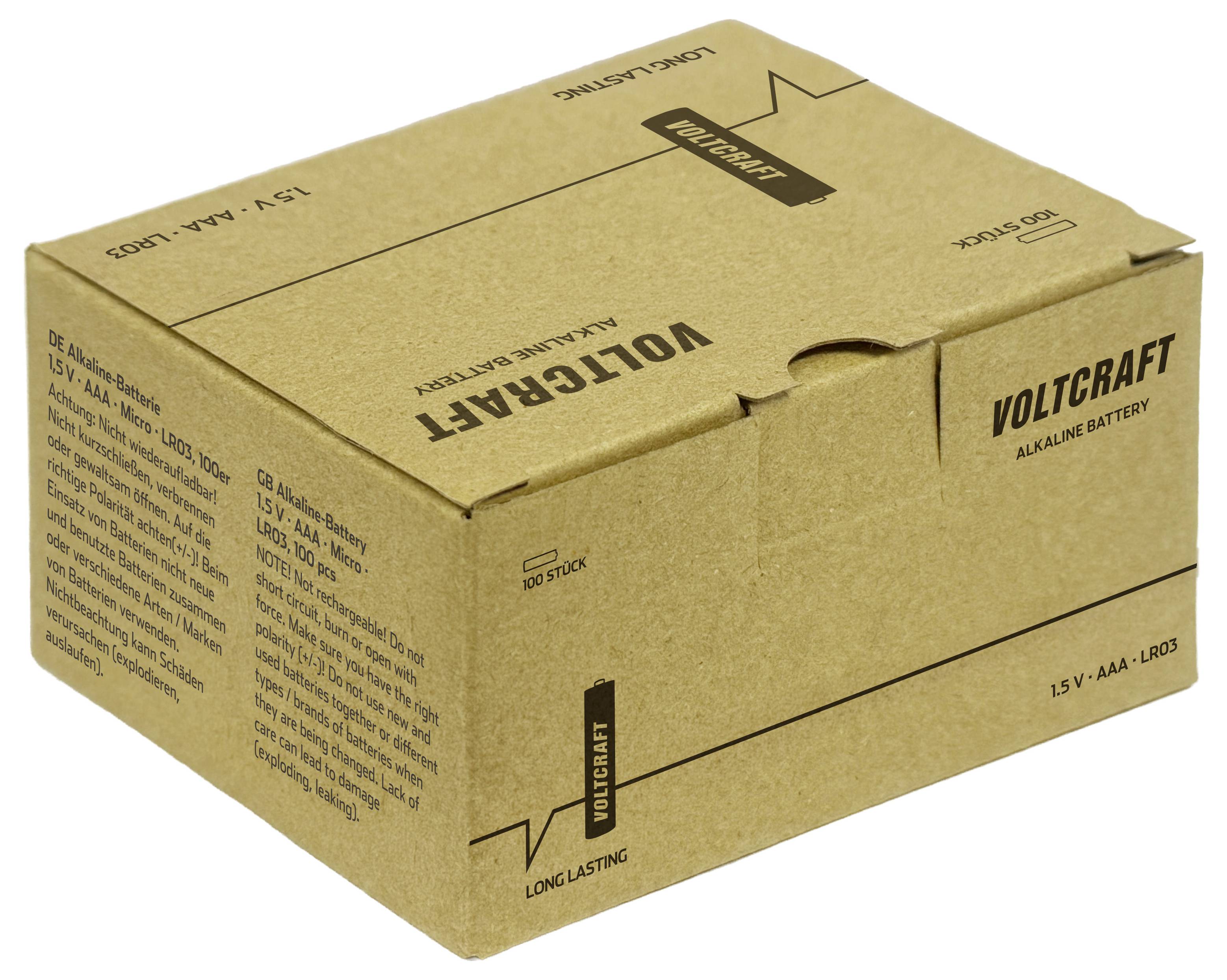 Kartonversandbox für Voltcraft Alkalibatterien, mit den Aufschriften „LONG LASTING